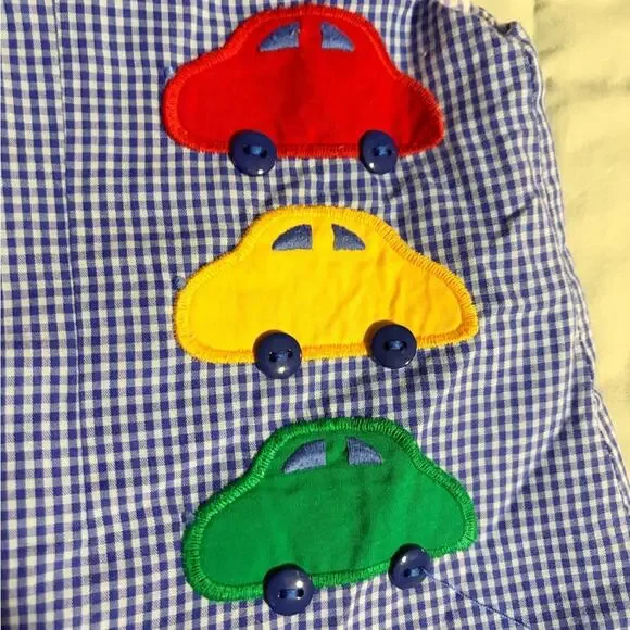 Blue Gingham Baby Romper 6M Colorful Car Applique One Piece Outfit - Picture 2 of 4